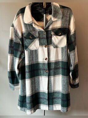 SHEIN Flannel Shacket Jacket Women 4XL Green White Plaid Gorpcore Cabincore
